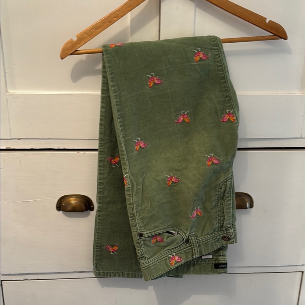 J Crew Cord Critter Pants with Embroidered Coral and goldy-orange Roosters 8